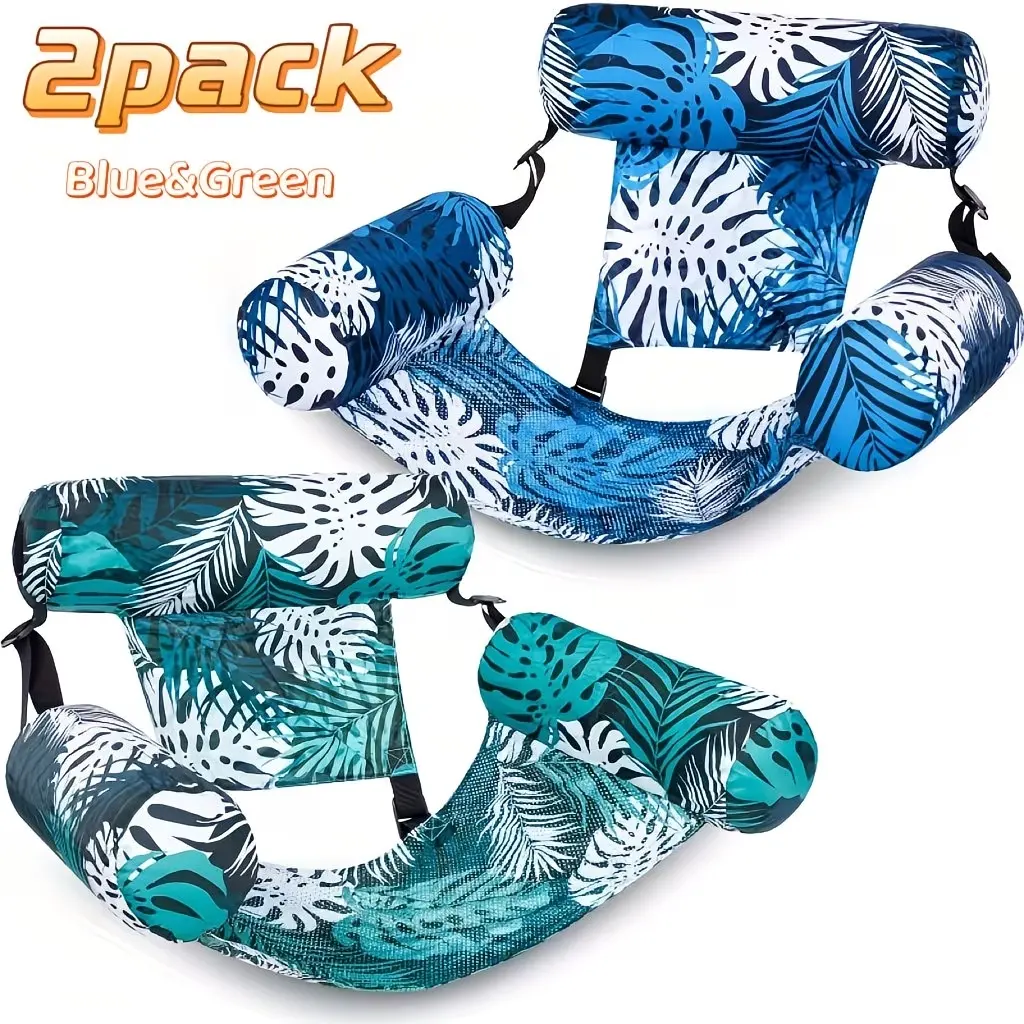 2-Pack Inflatable Pool Hammocks - Tropical Pattern Float Lounger, Ergonomic Water Chair with Backrest & Armrest for Adult Sunbathing, Lakeside Use (Pool Accessories), Pool Float Lounger