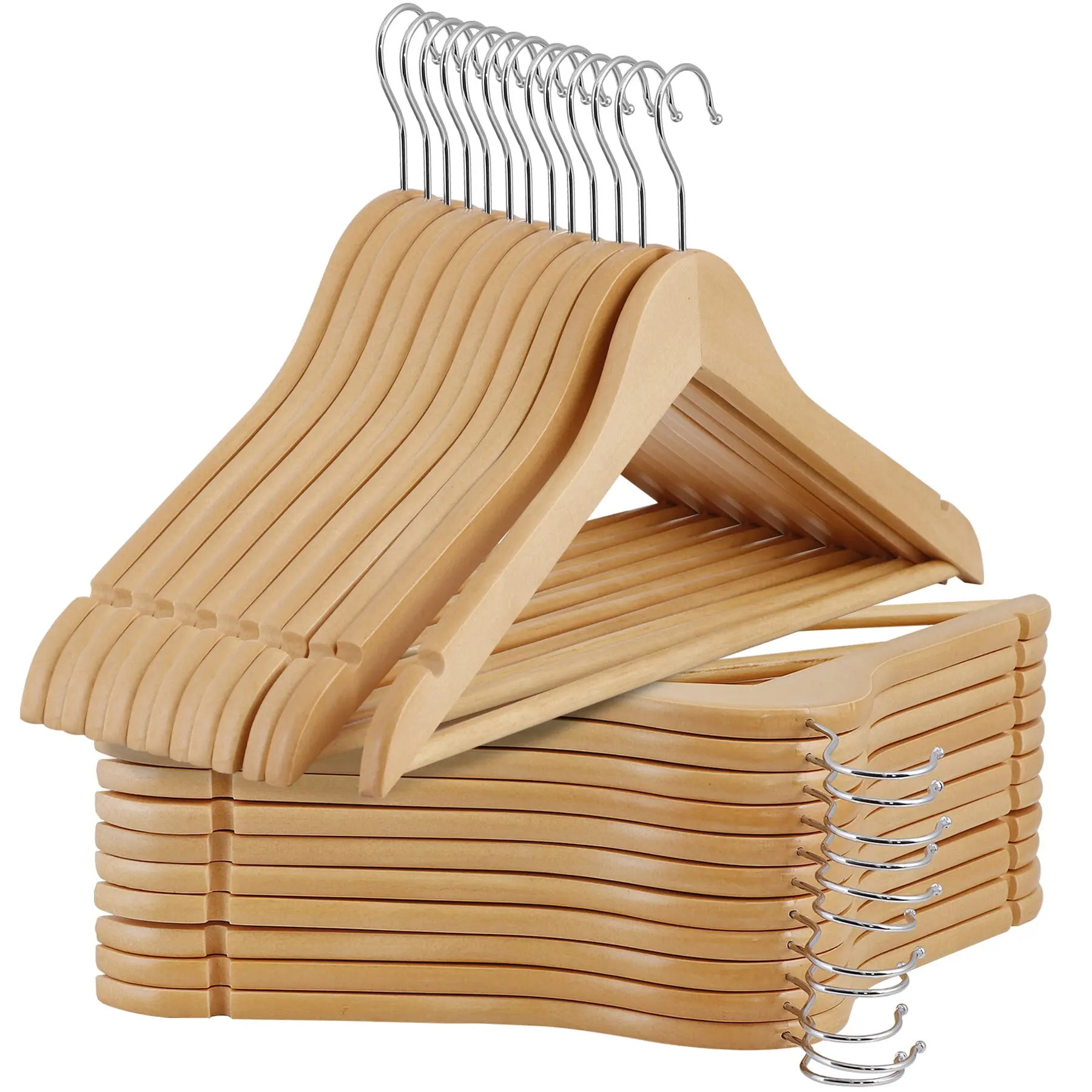 Segawe 50-Pack Damage Free Multifunctional Wooden Pants Hangers - Sturdy Heavy-Duty Metal Rotatable Swivel Hook, Non-Slip Bar Resists Creases, Space-Saving Home Organizer for Wardrobes,dorm room inspo,college dorm essentials,dorm haul