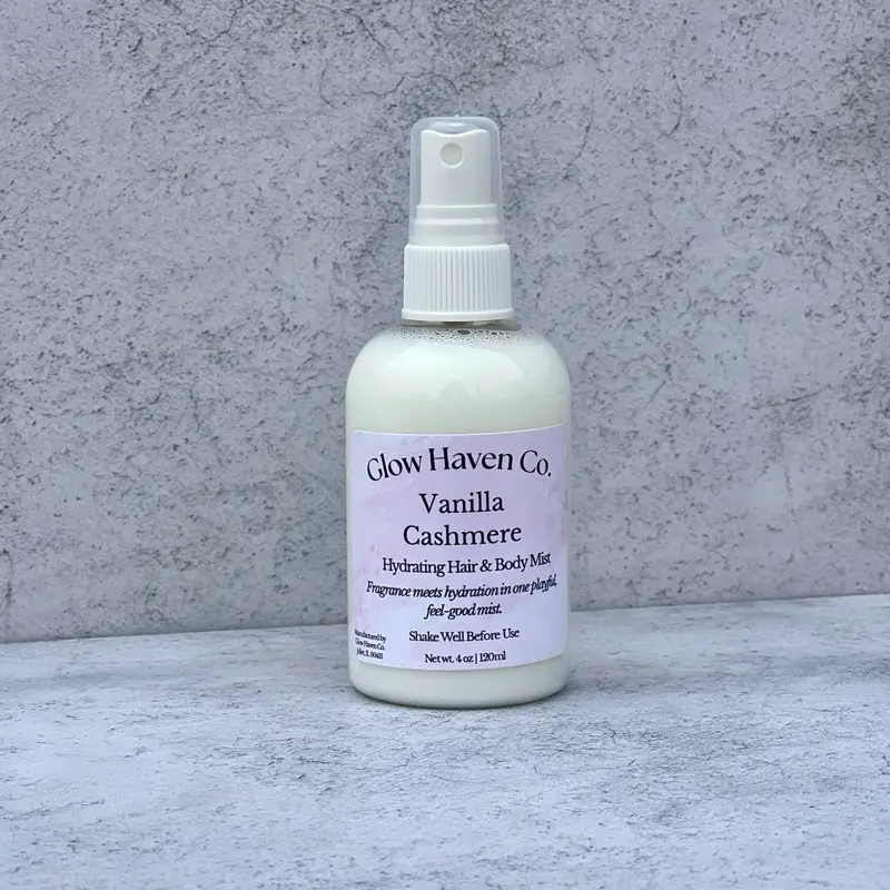 Glow Haven Co. Vanilla Cashmere Hydrating Body Mist - Cozy Warm Vanilla & Cashmere Spray - Long Lasting Sweet Fragrance - 4 oz Bottle