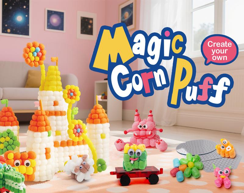 Kiditos Magic Puff Corn Building Kit – 3D Colorful Craft for Kids, DIY Art Set with Sticky Corn Pieces, Templates & Tools – Sensory, Educational & Mess-Free Play for Ages 3+