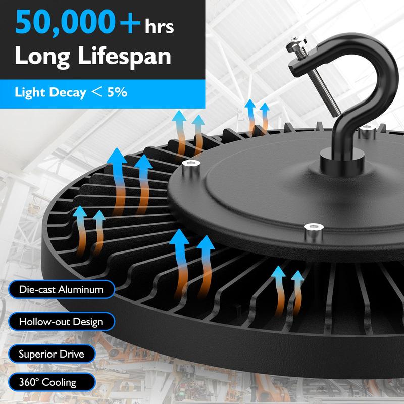 24000LM UFO LED High Bay Lights Set of 2, 150W LED Shop Lights, 600W MH/HPS Equivalent Warehouse Lights 5000K, Waterproof Industrial Commercial Lighting Fixtures for Workshop Barn Garage, Non-dimmable