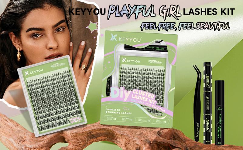 KEYYOU Ultra-thin Invisible Band Lash Kit Playful Girl CC Curl Spike Natural Wispy Cluster Lashes Kit Waterproof Lash Extensions Kit TikTok Shop FebruaryFaves
