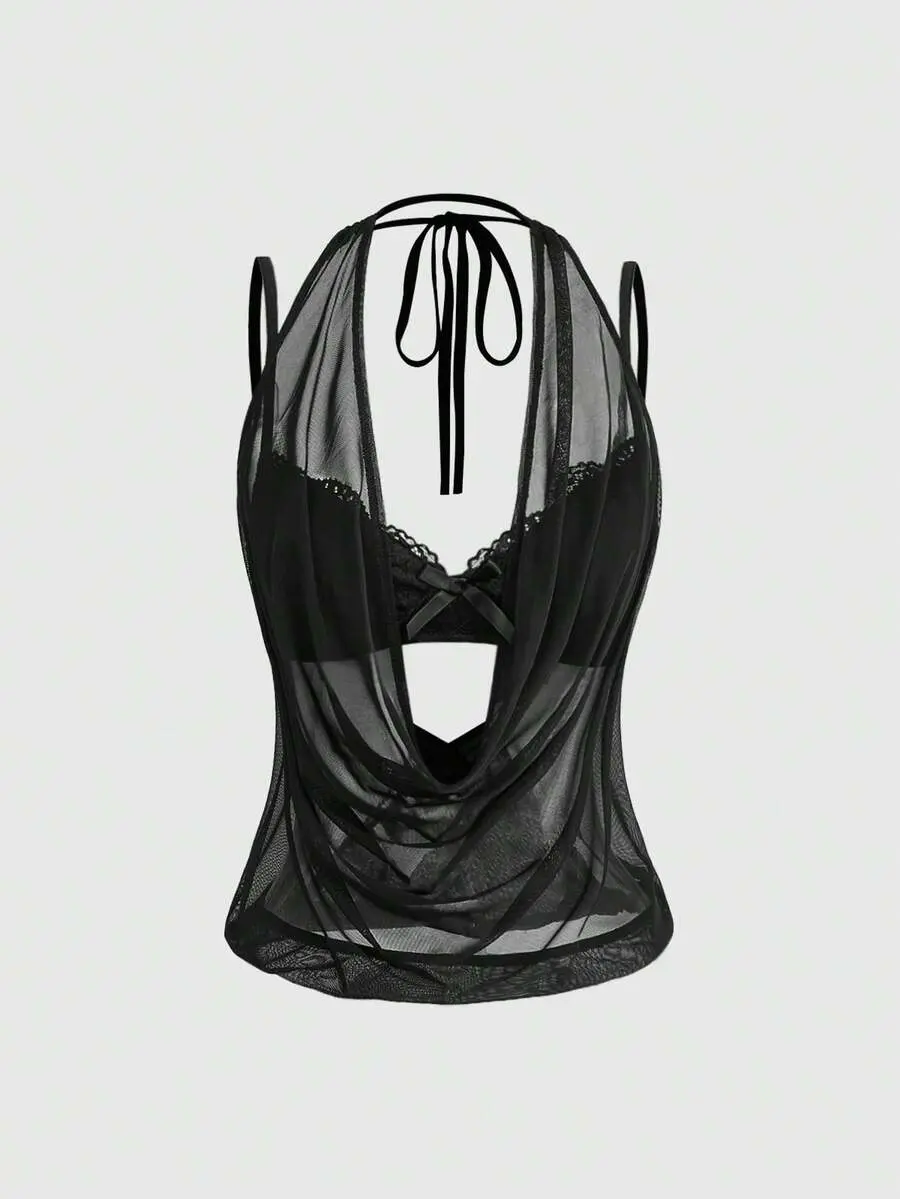 MOON Women's Y2K Sexy Revealing Draped Neck Backless Halter Top (Includes Lace Camisole)