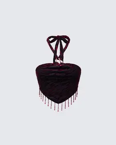 Kira Red Velvet Burn Out Beaded Top
