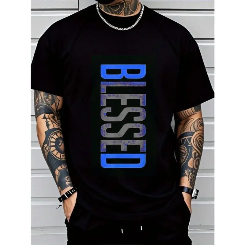 Men's Plus Size Casual Crew Neck T-Shirt - Geometric-Pattern, Smooth Cotton Knit Fabric, Medium Stretch - Short Sleeve Tee for Leisure & Everyday Wear |     Breathable Comfort Fit |     Machine Washable Crewneck Classic