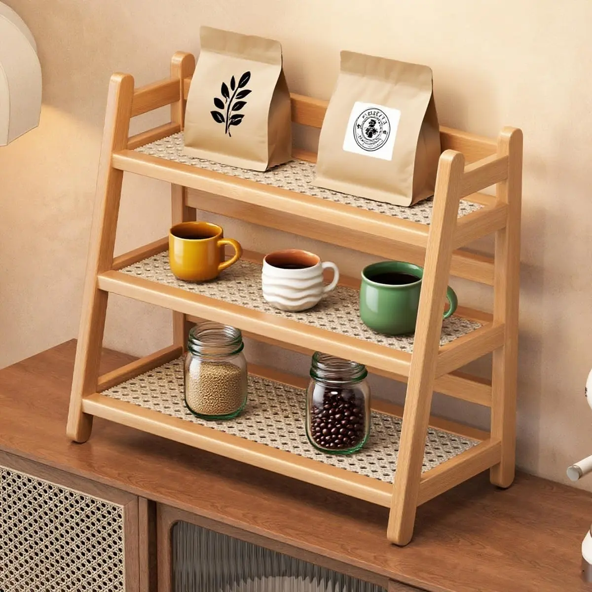 Three Tier Wooden Storage Shelf, Bamboo Ladder Shelf, Desk Tabletop Rack, Seasoning Storage Rack for Home, Office, Kitchen, Bamboo Wood Stand, Kitchen Pantry Shelf