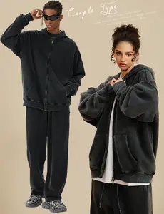 Oversized Zip Up Hoodies Jackets Fleece Vintage Acid Wash Cotton Heavyweight Distressed Sweatshirt