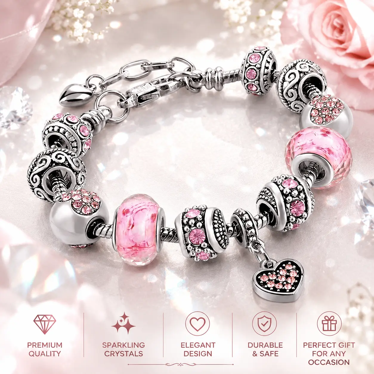 ARPURRAINA Pink Heart-Shaped Pendant Bracelet Set Exquisite Jewelry Gift with Delicate Bead Dazzling Pendant Adjustable Serpentine Chain for Women Perfect Valentine's Day Gift Idea Trendy Stack Bangle Birthday gift summerwins