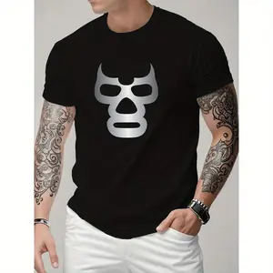 🥇     Crochet Menswear Men's Fully Printed Short-Sleeved T-Shirt - Summer Casual Crew Neck Polyester Shirt, Light & Breathable, Fashionable Full Coverage Design, Suitable for Outdoor Wear, Black,  Pure Cotton, Regular Length, Loose Fit Top Tshirt