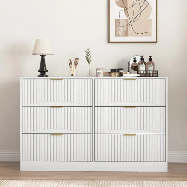 Modern Drawer Dresser With 6 Drawers, White Storage Cabinet With Fluted Drawer Fronts For Bedroom, Living Room, Hallway