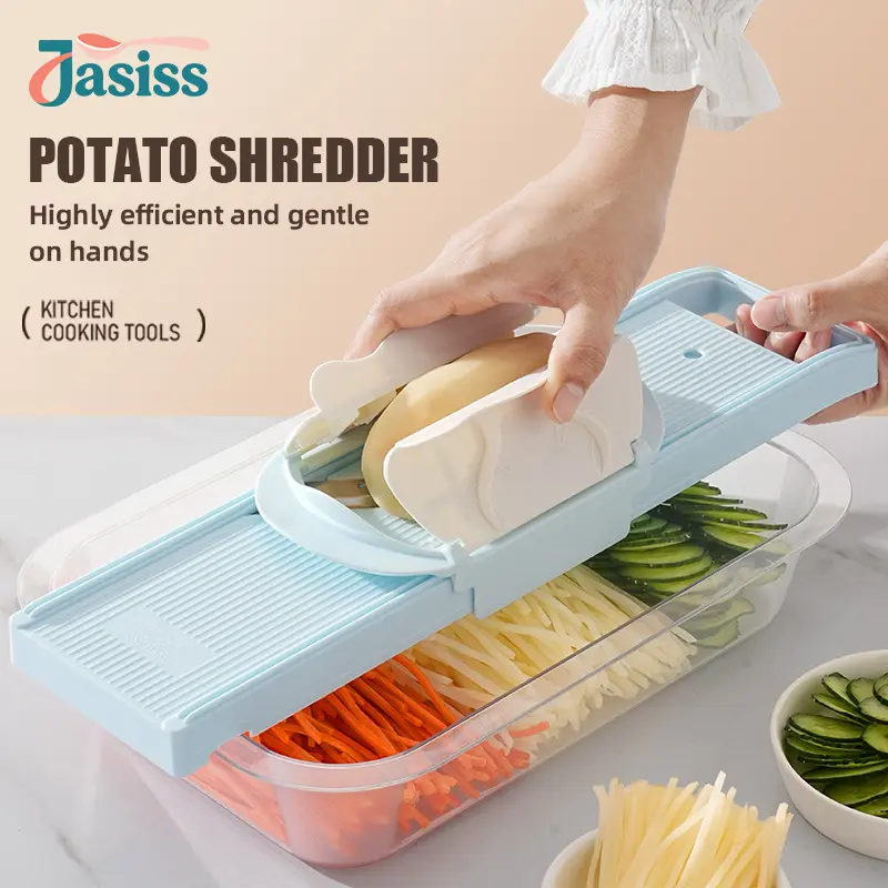 2-in-1 Multi-Function Handheld Slicer and Shredder, suitable for various vegetables and meats. Features two adjustable blades, easy to clean, ideal for both home and commercial use.
