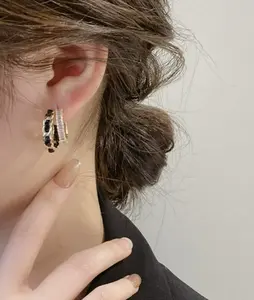 2026 Trendy Viral Dainty C Shaped Double Layer Hoop Earrings for Women 14K Gold Plated Hypoallergenic Lightweight Tarnish Resistant Cubic Zirconia Black Leather Chain Jewelry for Daily Office Date Wedding Birthday Anniversary Gift for Her