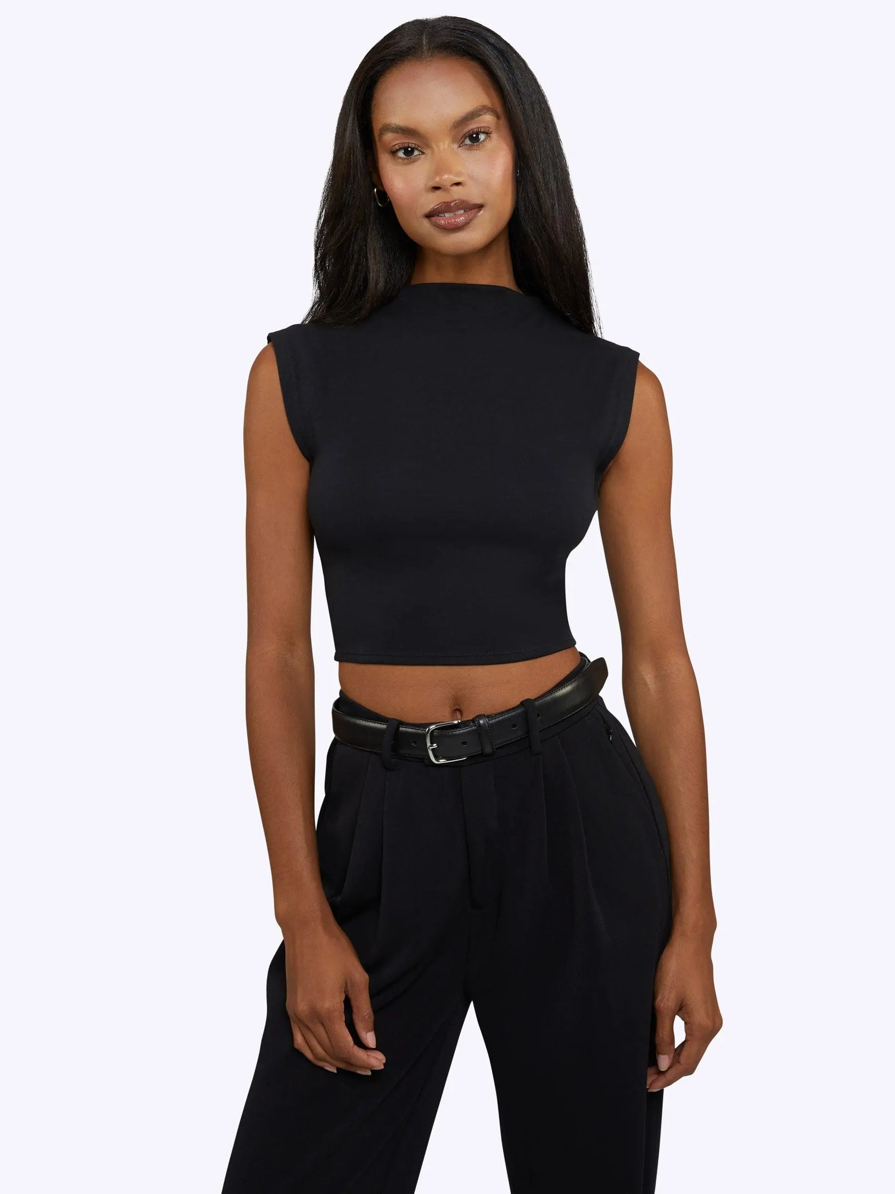 Cuts | Tomboy Tee Women's Sleeveless Mock Neck Top | Form Fit Cotton Blend Dolman Tank | Wrinkle Resistant Opaque Stretch Tee - Black / White / Linen