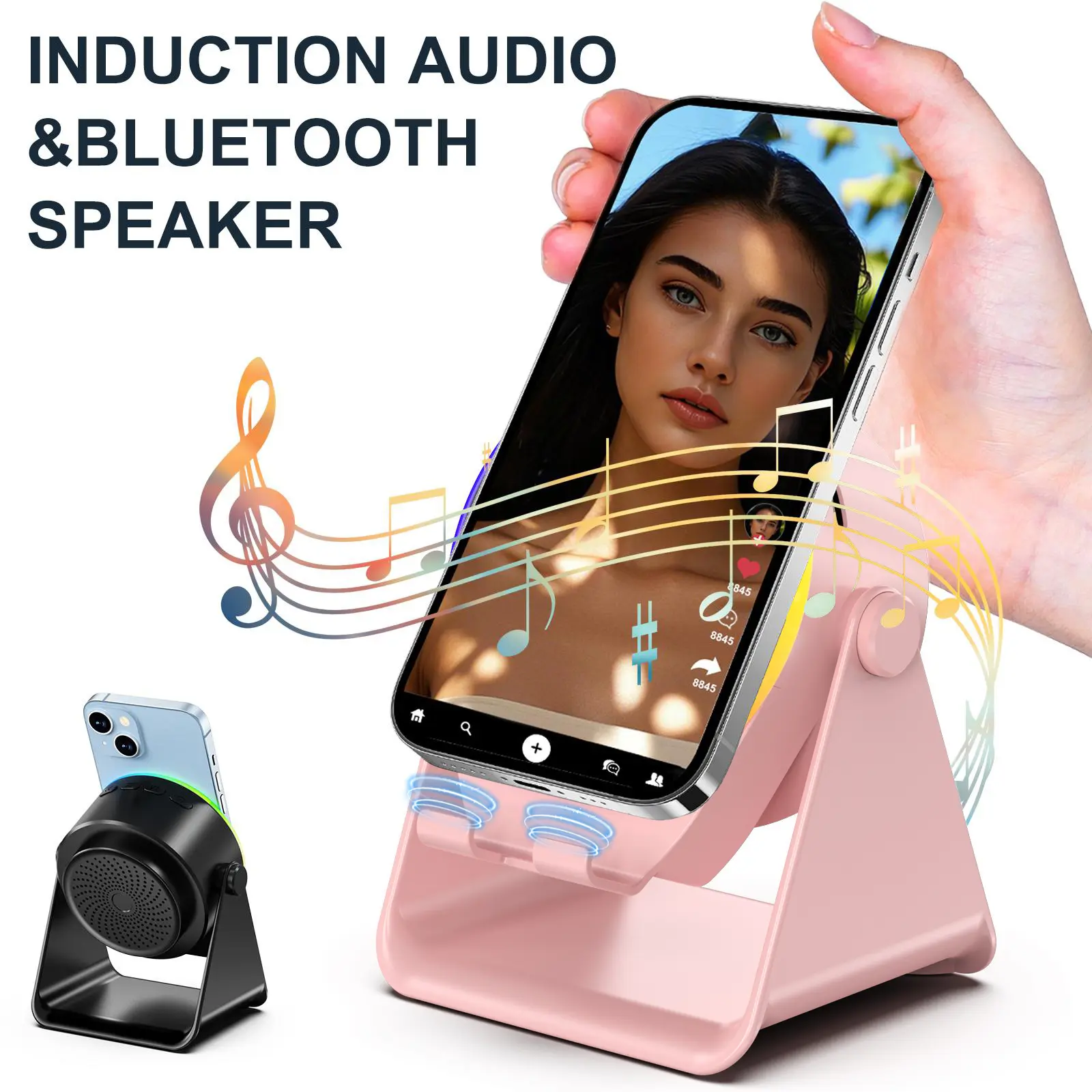 Dohelly 5 IN 1 Wireless Induction Audio Bluetooth Speaker, 360° Rotation Stand with LED, Universal Speaker Stands for Surround Sound&Charger,Portable Desktop Stand Gift  for Home, Shower, Outdoors, Travel Smartphone