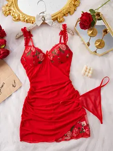 Women Curvy Embroidery with Lingerie Set Lace V-Neck Spaghetti Straps Dress G-String and Suspender Corset Body Lingerie