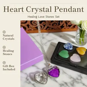 Natural Heart Crystal Necklace Set -  Amethyst Rose Quartz Clear Quartz Tiger Eye Carnelian Red Jasper Purple Agate Healing Love Stone Set with Gift Box Valentine's Birthday Anniversary Gift Daily Spiritual Necklace for Women