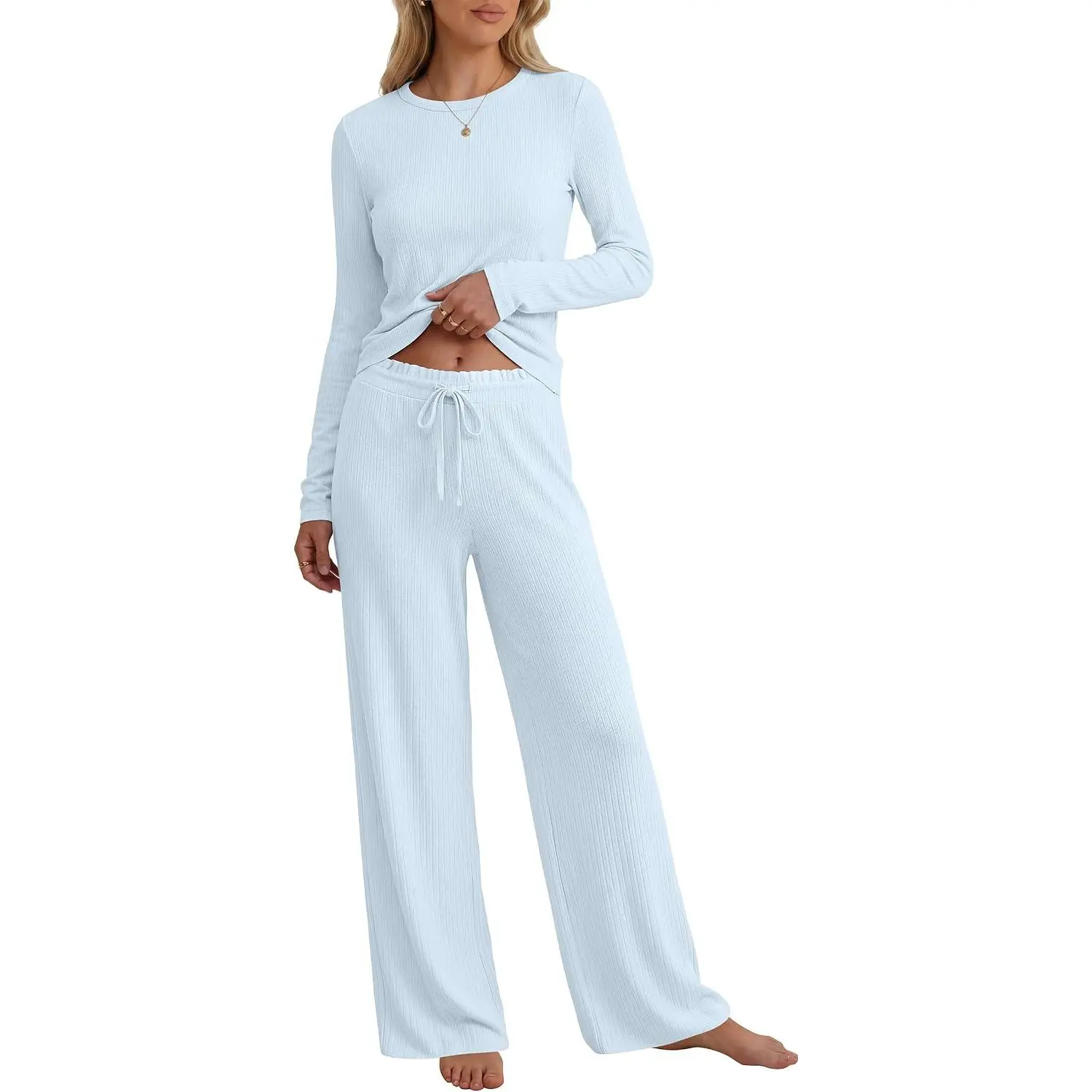 ANRABESS Womens Long Sleeve Lounge Sleepwear Set | 2 Piece Soft Breathable Pajamas, Drawstring Wide Leg Pants, Cute Matching Outfit, Fall Home Wear
