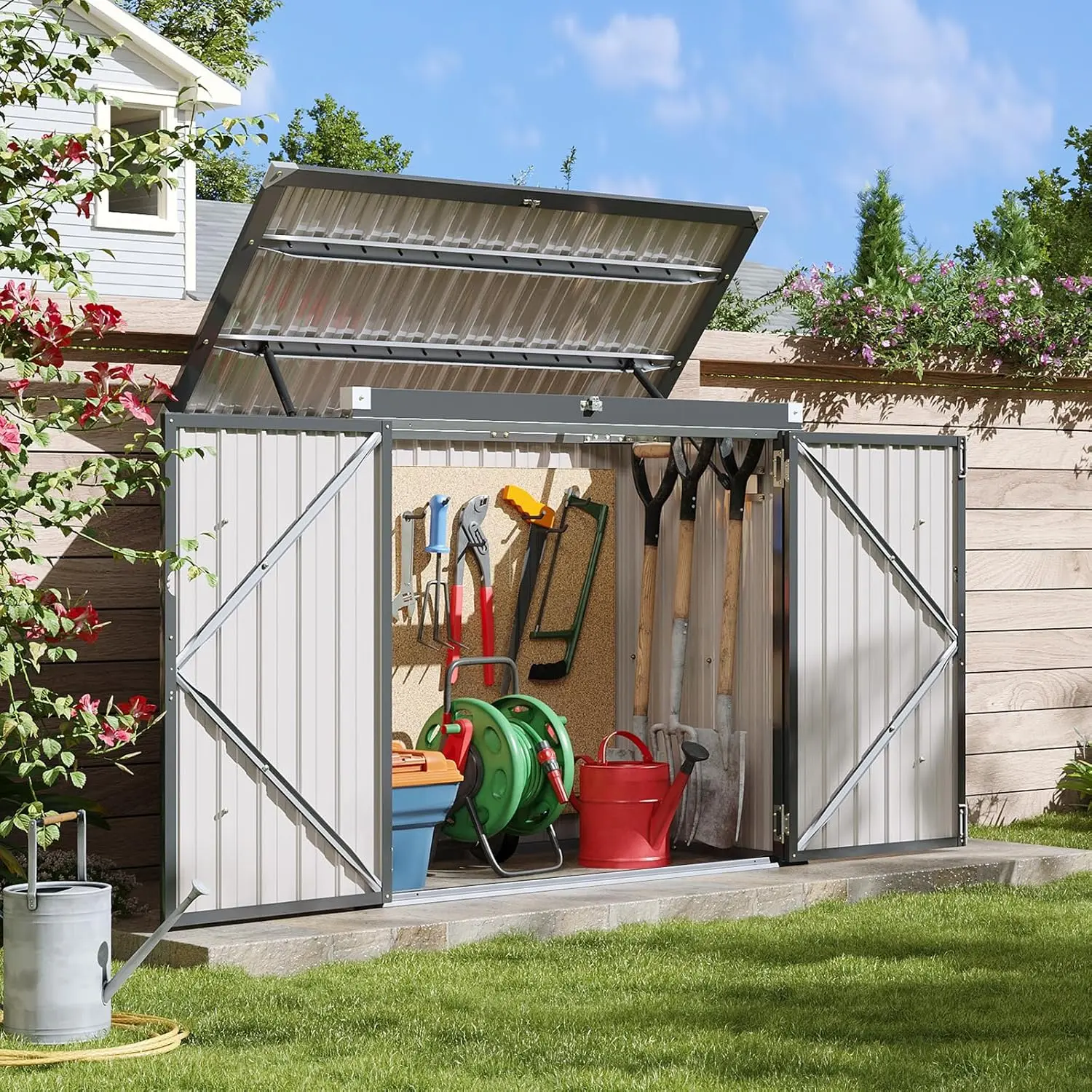 Aoxun Outdoor Metal Storage Shed – Waterproof Trash Can Enclosure with Chain Lid, Heavy Duty Garbage Bin Organizer for 2 Bins, Generator, and Garden Tools