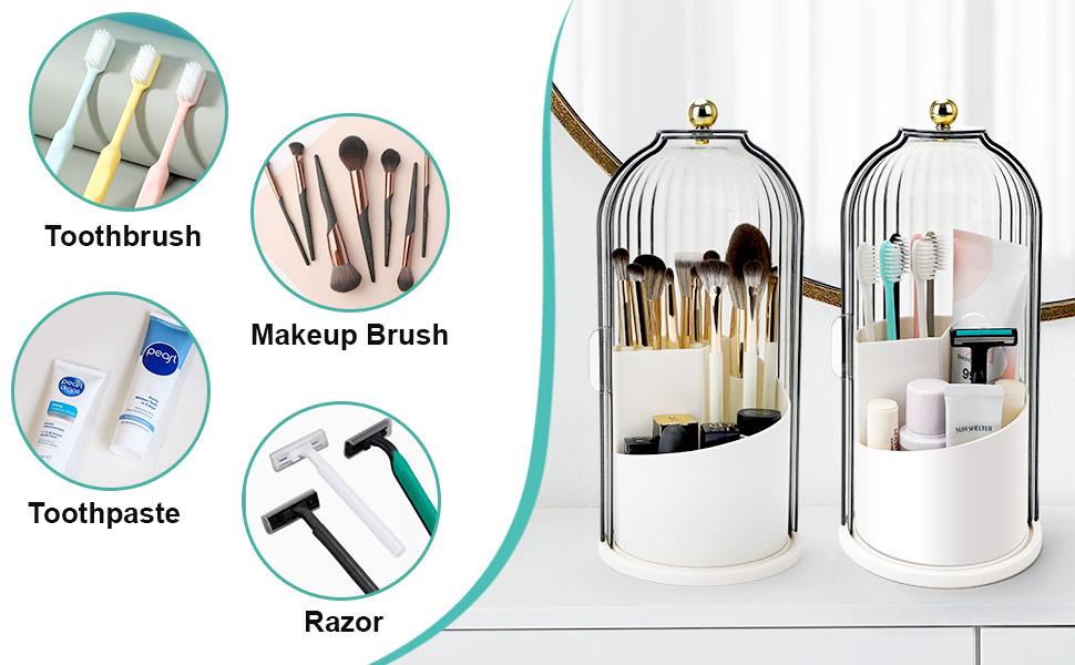 TikTok Viral Bathroom Organizer with Sliding Lid Christmas Gift Idea, Rotating Toothbrush Holder with Sliding Lid 3 Slots, Bathroom Counter Organizer for Makeup Brushes and Toothbrush, No-Drill Bathroom Storage, Water-Resistant Organizer, Home Must-Have