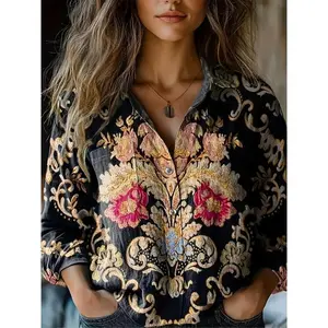 () Bohemian Women's Long-sleeved Buttons, With Bright Pesley Print-casual Polyester Fiber Blend, Machine Washing, Collar Design, Four Seasons Wear, Conventional Version, Four Seasons Clothing |   Bohemian Style |   Smooth Fabric