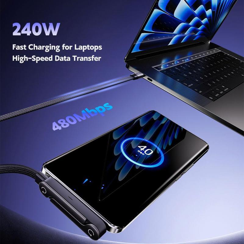Invisible Phone Stand Charger Cable 240W Fast Charging 2-in-1 Type-C Charging Cord for Gaming Office Car Travel Black