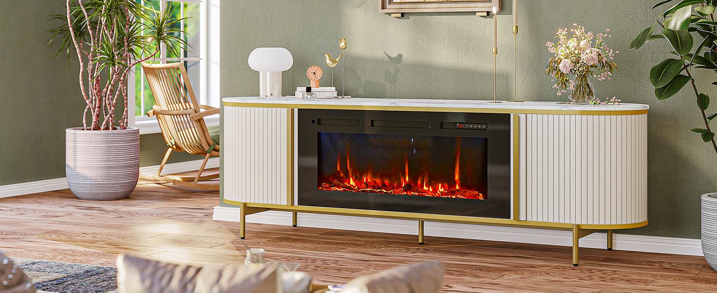 【2 Packages Shipping】oneinmil Luxury 70" Fluted Fireplace TV Stand Modern Chic Entertainment Center for TVs Up to 80" Oak Media Cabinet with Storage 70 Inch Width