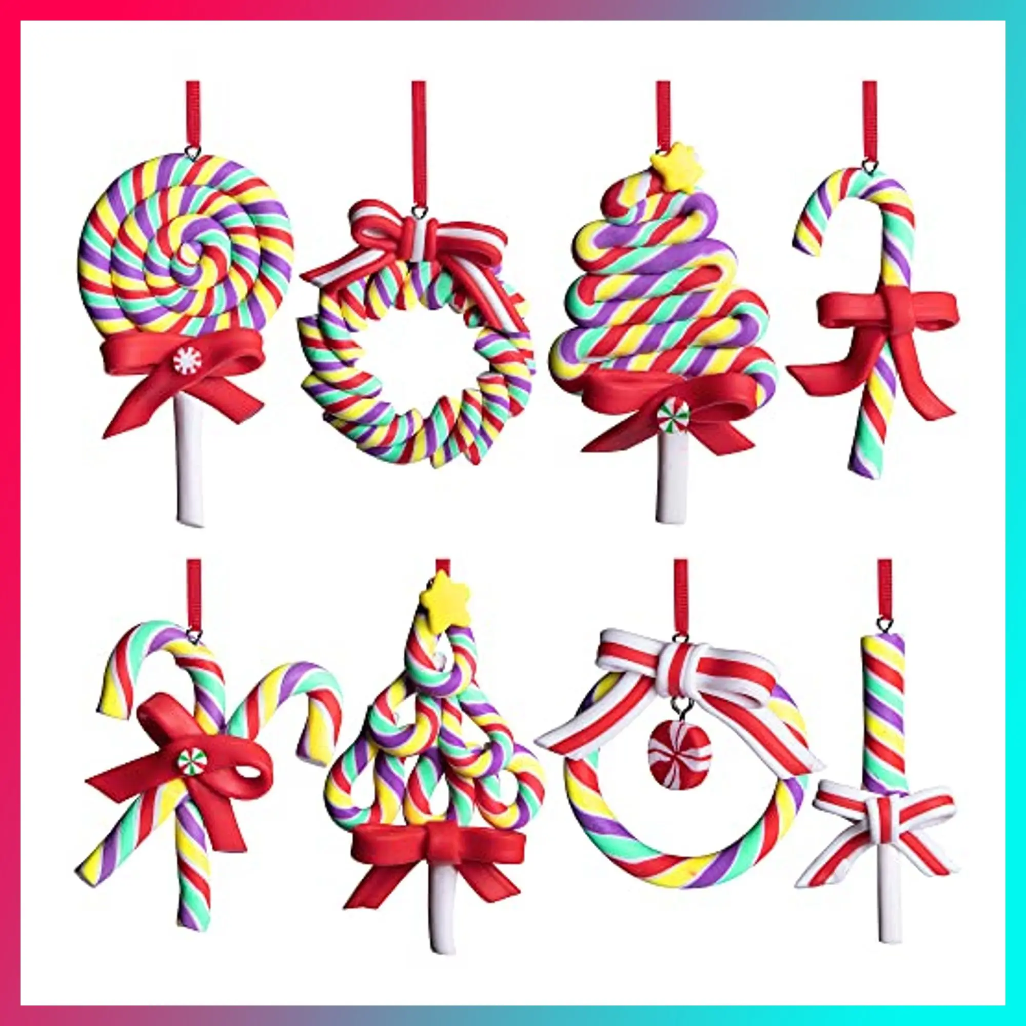 codree 8 PCS Christmas Lollipop Ornaments- Candy Ornaments for Christmas Tree- Candies Polymer Clay Ornament for Xmas Tree Party Hanging Decoration