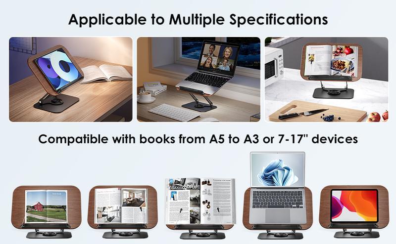 MUNBYN Book Stand for Reading, Book Holder, Height&Angle Adjustable, 360° Rotating Base, Foldable and Portable, Lightweight for Office, Kitchen, School Textbook, Recipe, Magazine,Kindle,Tablet