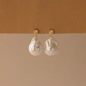 Diamond Baroque Pearl Studs by Caitlyn Minimalist - Chunky Pearl Drop Stud Earrings - Statement Wedding Earrings - Unique Gemstone Jewelry - Anniversary Gift for Her