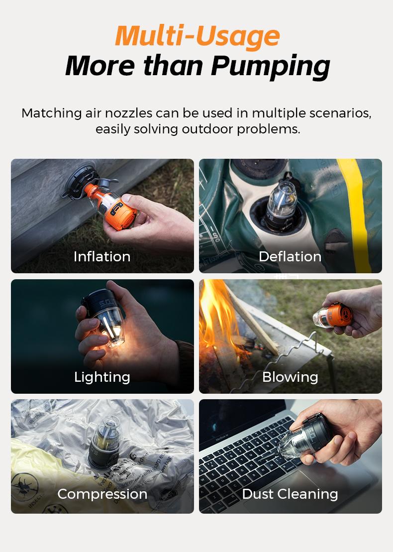 FLEXTAIL Max Pump 3 Air Pump for Inflatables Portable with Camping Light Transparent Design 5.0 kPa Pressure 500 L/min Airflow 6 Nozzles - Inflating Bed