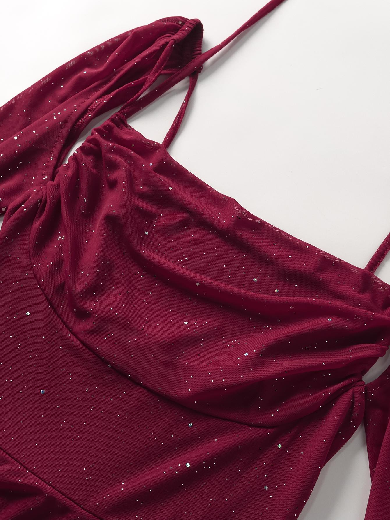 Backless Halter Trumpet Sleeve Split Thigh Ruched Sequin Back Tie Mesh Dress, for Party Fashionable Evening Dating Dress Backless Halter Trumpet Sleeve Split Thigh Ruched Sequin Back Tie Mesh Dress, for Party Fashionable Evening Dating Dress