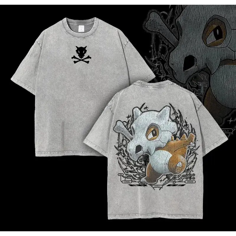 Women's "Pocket Monster" Cubone Ribbed Crew Neck Oversized Loose Short-Sleeve Soft Printed Chic Vintage Street Acid-Washed Heavy Cotton Seamless Anime T-Shirt for Fans