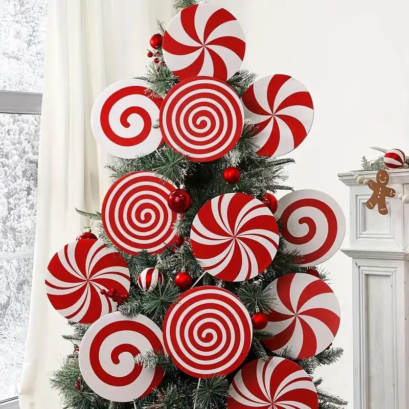 Festive Christmas Tree Topper & Ornament Set, Plastic, 8 Large Candy Cane Swirls, & Peppermint Sticks, Perfect for Home, Office & Holiday Decor, Decorative Ornaments