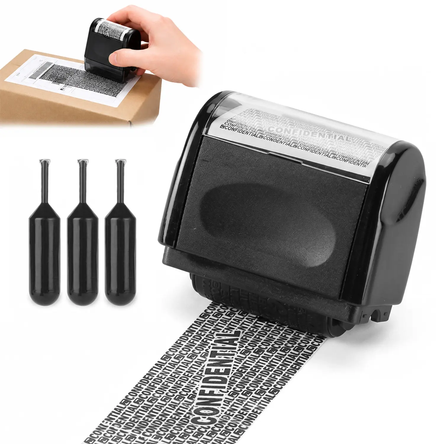 Privacy Protection Roller Stamp Set, Concealer Stamp with 3 Ink Refills, Personal Information Cover Up Stamp for Mail, Documents, Labels & Packages, Easy-to-Use Security Stamp Tool