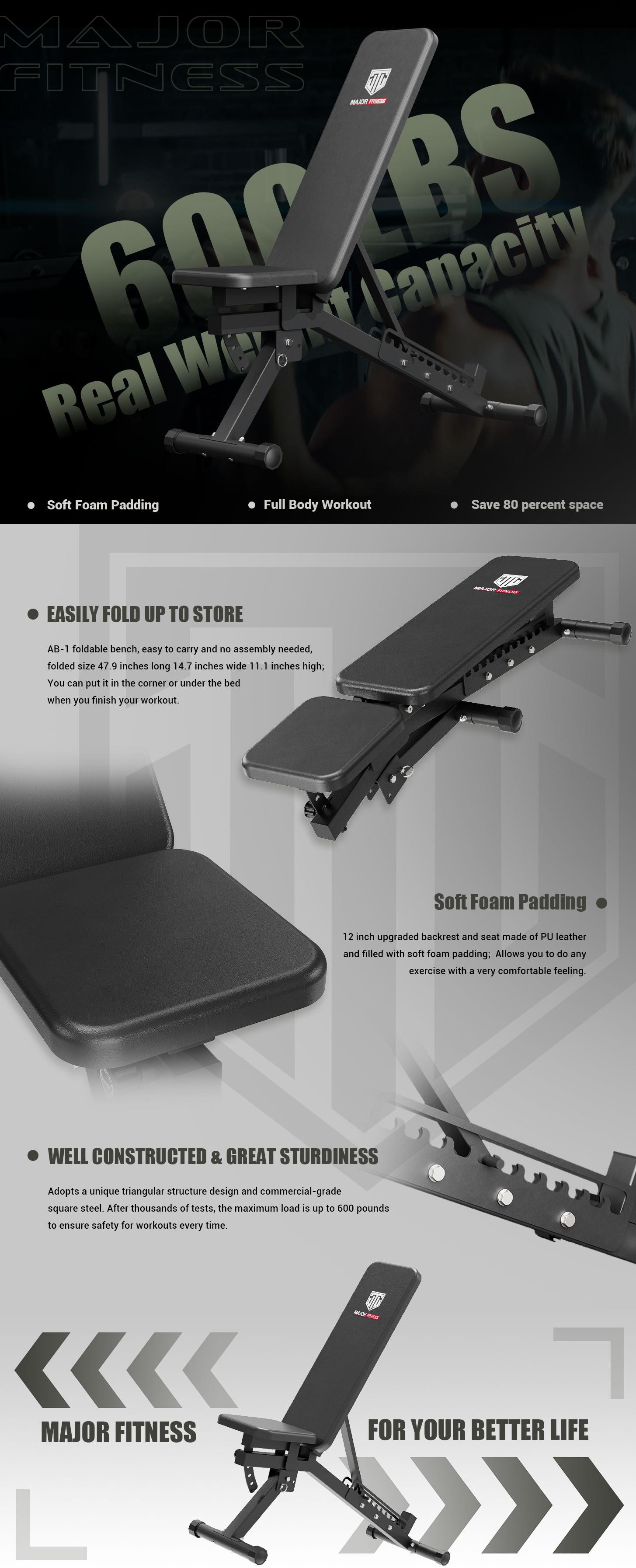 Major Fitness Weight Bench, 600 LBS Capacity Strength Training Bench for Garage and Home Gym Major Fitness Weight Bench, 600 LBS Capacity Strength Training Bench for Garage and Home Gym