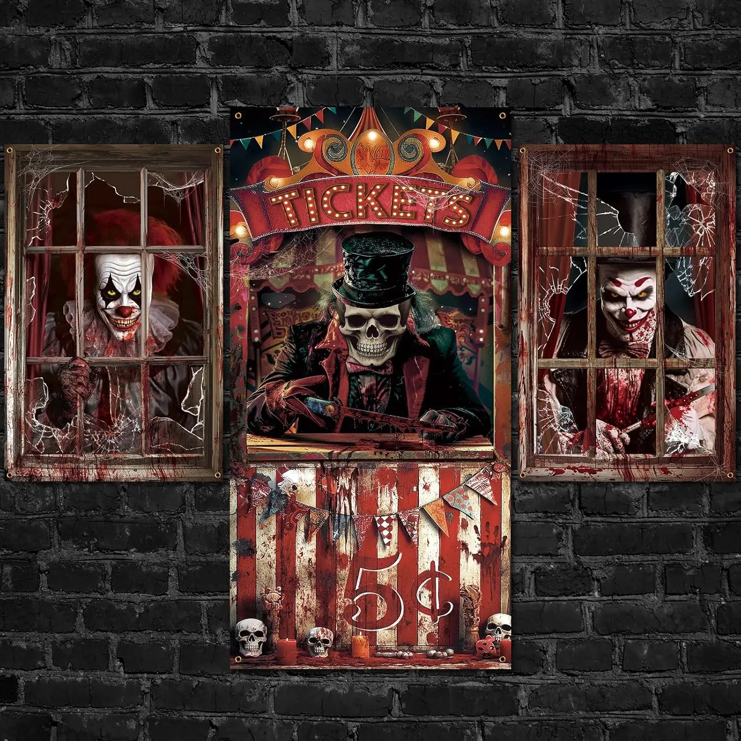 3/2-Piece Halloween Window & Door Cover Variety Pack, Spooky Female Ghost Curtains, Bloody Stain Door Poster, Reusable Polyester Backdrop, Indoor Halloween Decorations with Skeleton & Grim Reaper, 31x47in Banners Ornaments for Haunted House Parties, Large