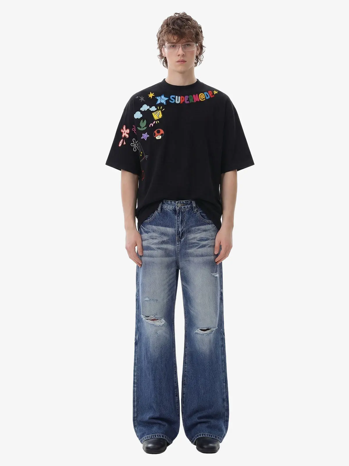 Thesupermade Ripped Washed Distressed Wide-Leg Jeans | Five-Pocket Classic Streetwear Denim Men