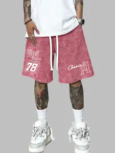 Men’s summer cotton athletic shorts with letter print and a washed, distressed finish; casual loose fit with a drawstring waist and pockets; street style, early 2000s aesthetic; suitable for running, golf, fishing, basketball, camping, gym workouts, swimm