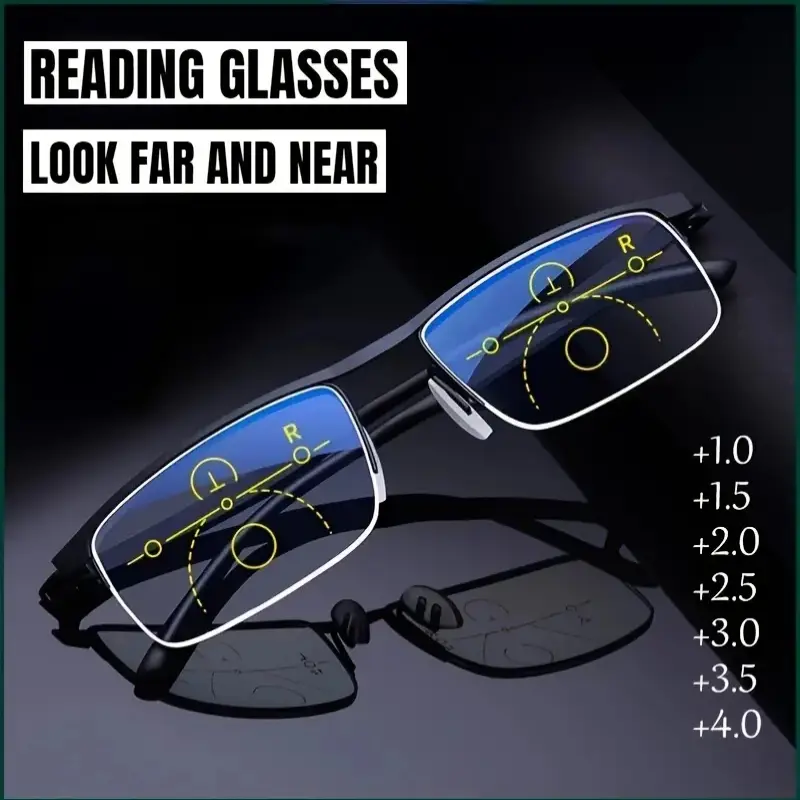 Unisex 2-in-1 Progressive Multifocal Reading Glasses, Ultra-Lightweight, Glare-Reducing, +1.0 to +4.0 Prescription Range, Semi-Rimless Rectangular Frames, Includes Case