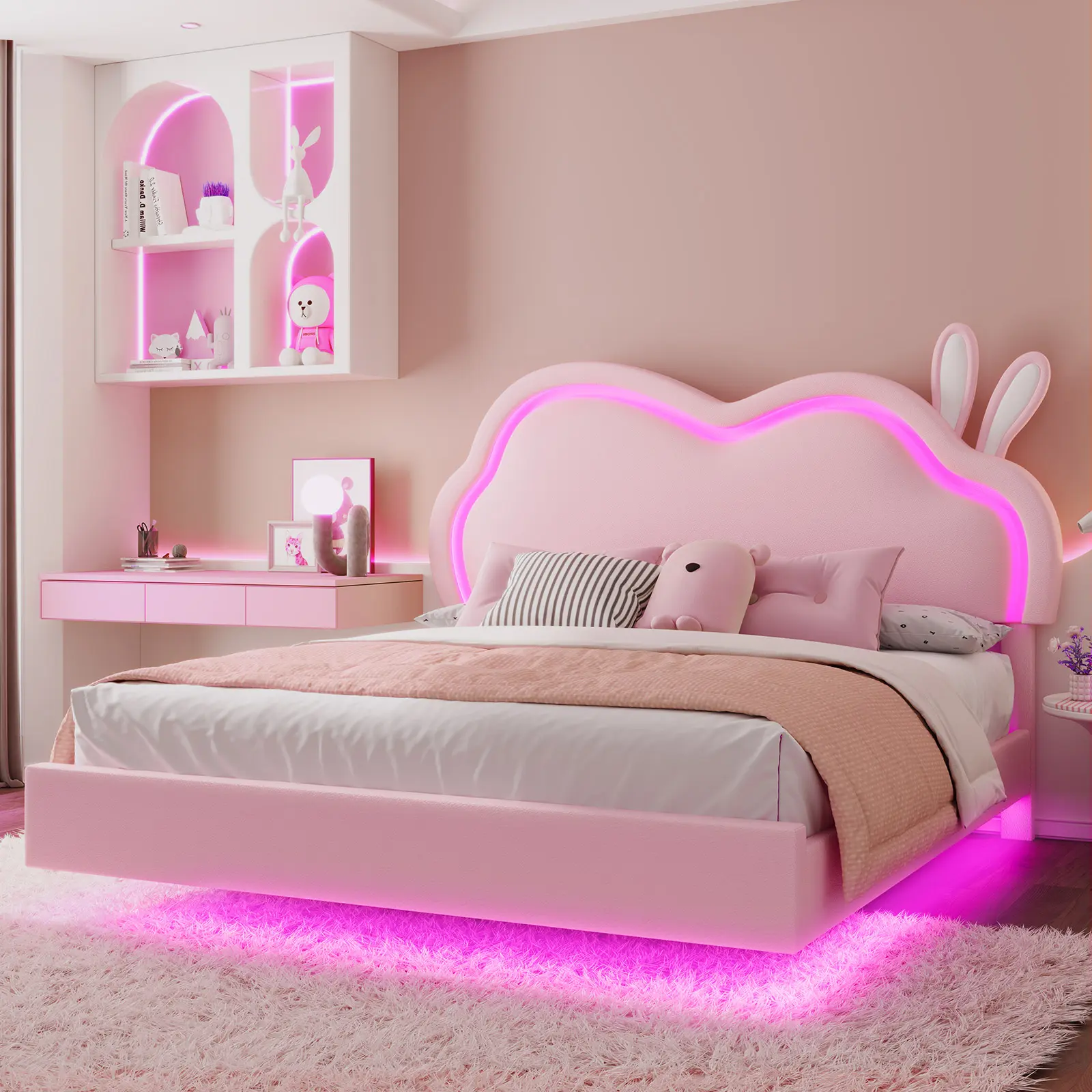 ALBOTT Floating Full Size Bed Frame, Leather Upholstered Child Design Platform Bed with Adjustable RGB LED Cloud-Shaped Headboard, Wood Slats Support, No Box Spring Needed, Child Design Beds[tiktokshopbacktoschool][SohoChic]