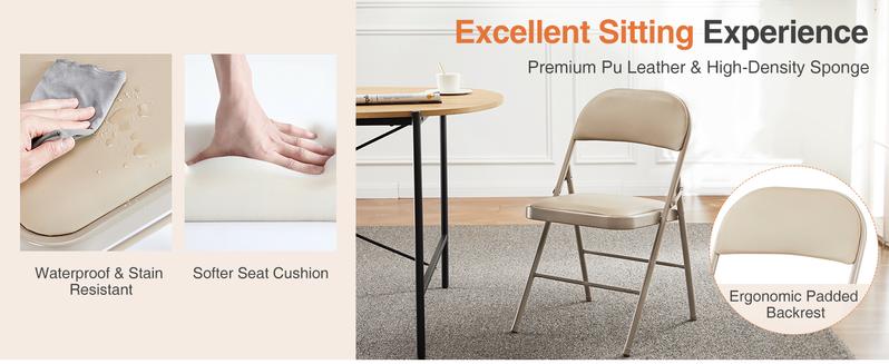 Folding Chair, Leather Padded Folding Chairs, Sturdy Metal Foldable Chairs, Outdoor and Indoor, for Home, Office, Party