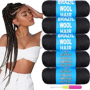 5 Roll Natural Black Brazilian Wool Hair for African Crochet Hair Jumbo Braids Senegalese Twisting Knitting Hair Braids Faux locs Synthetic Hair Extensions for Women 70G/Roll(1B#)