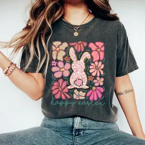 Happy Easter Bunny T-shirt, Retro Comfort Easter Shirt, Floral Easter Rabbit Shirts, Cute Easter Gift, Woman's Easter Outfit