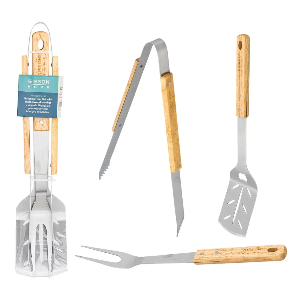 Gibson Practical 3-Piece Barbecue Utensils Set - 3 Pcs Durable Grill Accessories for Outdoor Grill, with Rubberwood Handles for Secure Grip, Ideal for Barbecue Enthusiasts