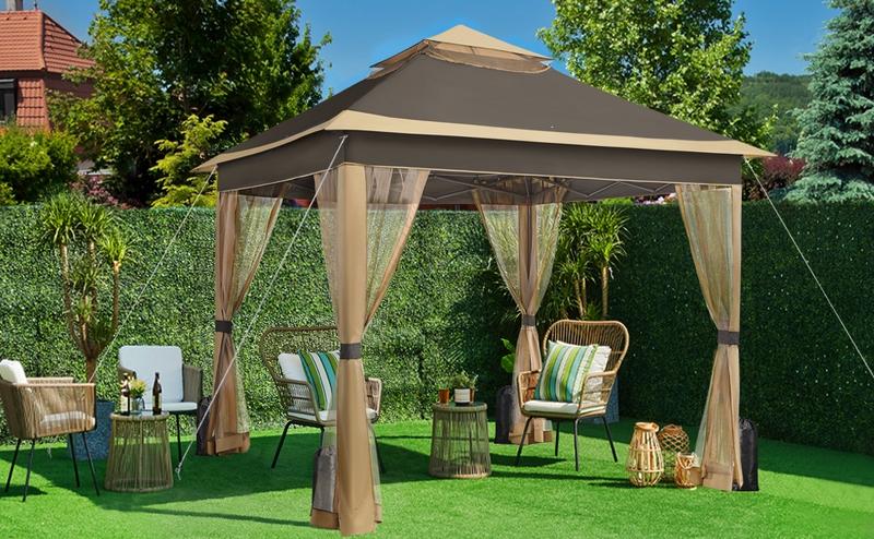 Yaheetech Pop Up Gazebo Outdoor Canopy Shelter, Instant Patio Gazebo Sun Shade Canopy Tent with 4 Sandbags, Double Tiers & Mesh Netting for Lawn, Garden, Backyard & Deck