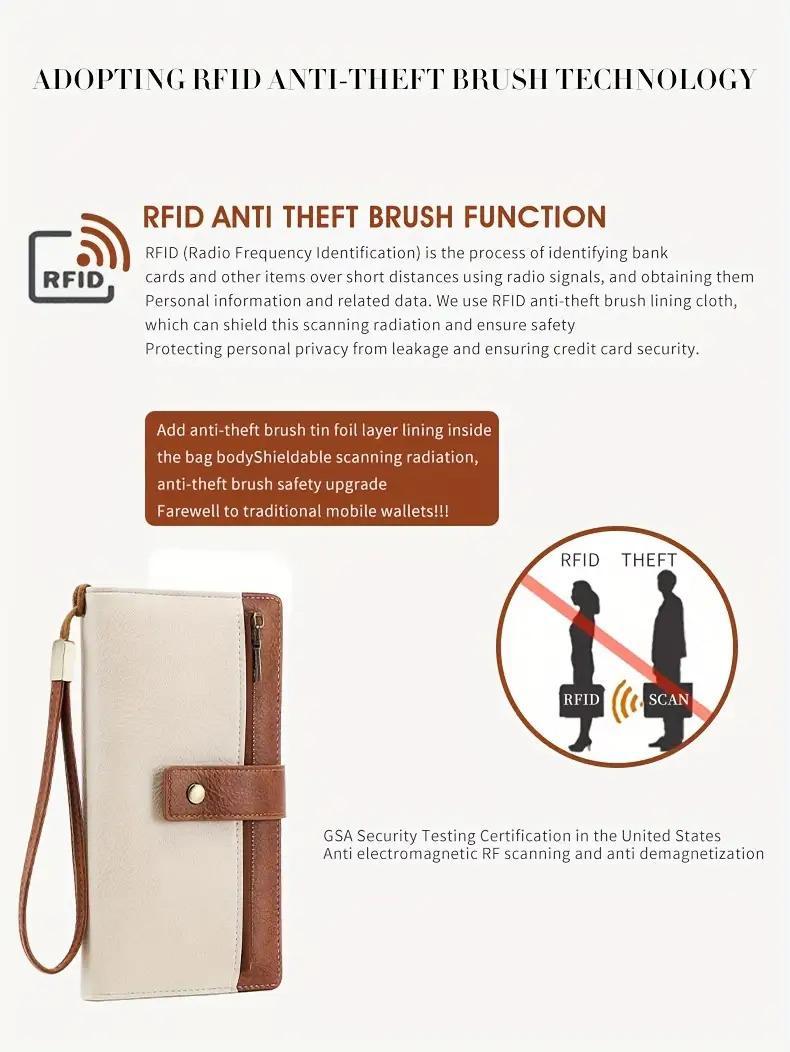 Women's long wallet, stylish clutch, elegant solid color RFID blocking leather wallet, long wallet with wristlet, zipper pocket and card slots, slim trifold wallet, suitable for everyday use, large capacity wallet,  student wallet, holiday gift