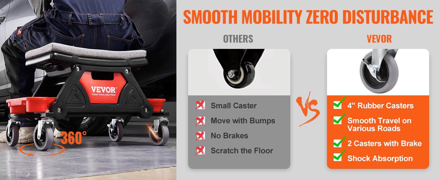 VEVOR Mechanics Stool, 300 LBS Capacity Rolling Mechanic Seat with 4" Wheels, with Three Slide Out Tool Trays and Drawer, Heavy Duty Roller Creeper Seat for Home Garage DIY Automotive