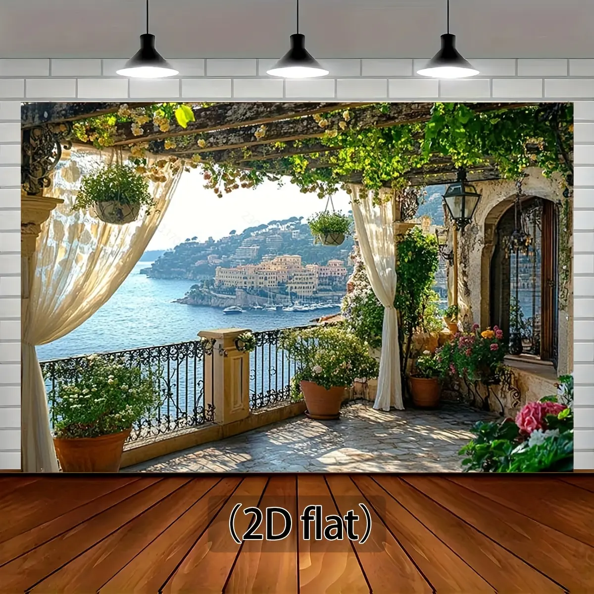 2D Flat Mediterranean Sea Landscape Banner - Polyester Floral Pergola Decor, Multi-Use Rustic Charm Backdrop for Baby Shower, Garden Getaway Vibe Home & Party Supplies