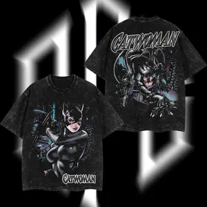 Superstyle The Crimson Cat "Selina Kyle" Catwoman Superhero MCU Comics Edition Double Printed Oversize Lightweight Acid Washed Tee Hoodie Sweater TV Series Graphic Design Top Cotton Streetwear Comic Superheroes T-Shirt Clothes Menswear Womenswear
