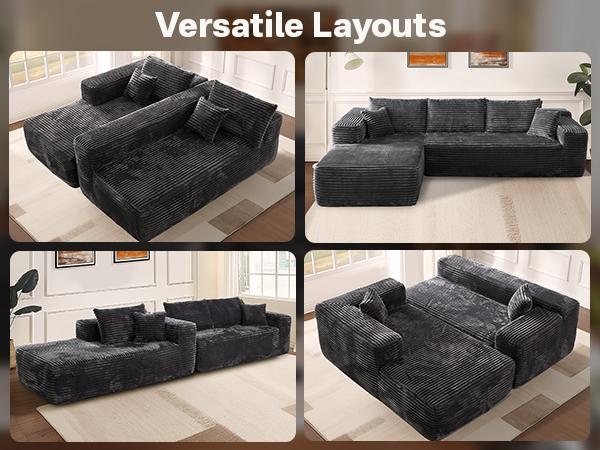 【2 Package Shipping】Ovios 106" Cloud Sectional Boneless Couch with Chaise & Ottoman, L/U-Shape Plush Corduroy Velvet Modern Modular Sofa with Deep Seat, Upholstered Couches for Living Room Bedroom, No Assembly Required
